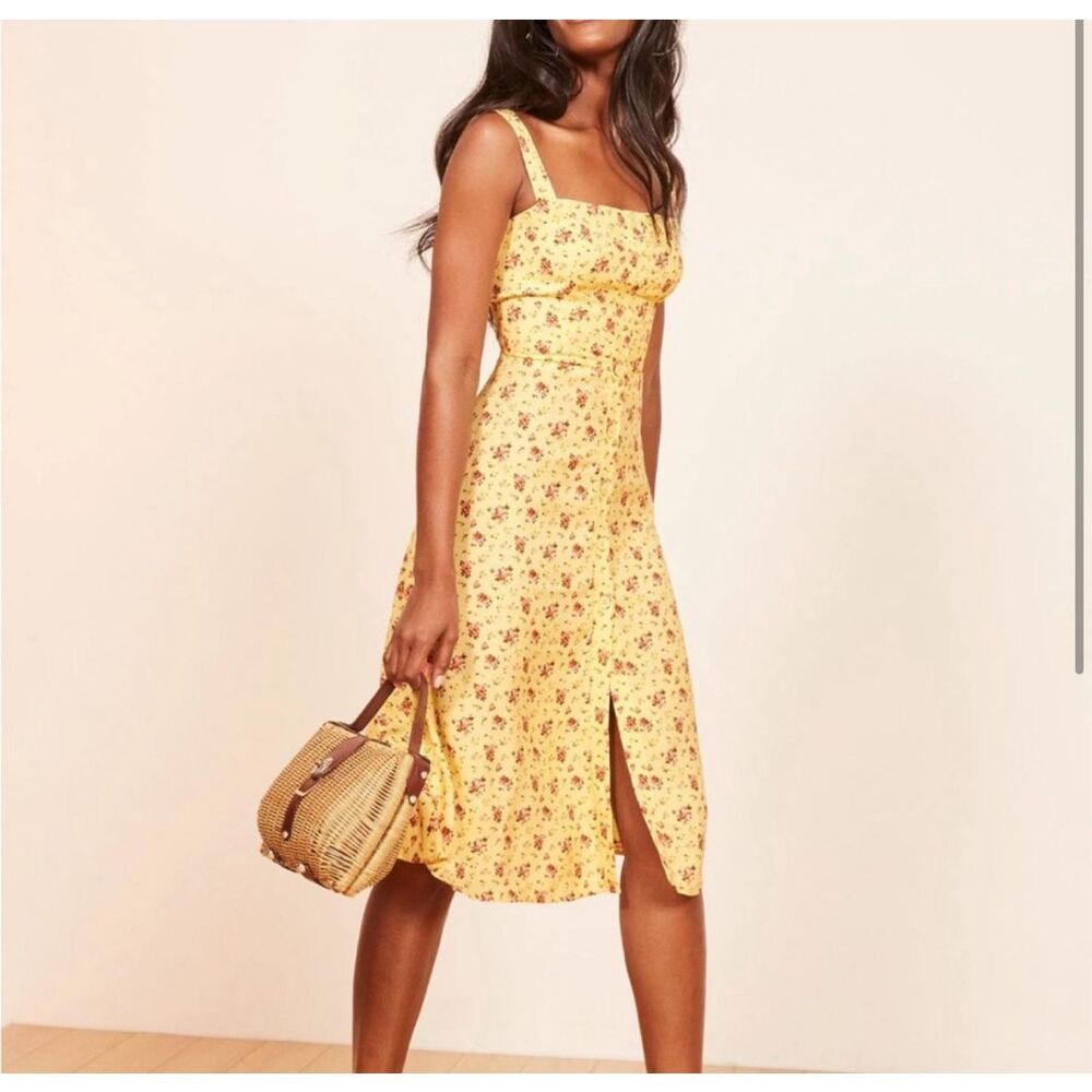 Reformation Persimmon Yellow Floral Button Down Midi Dress Women’s 4